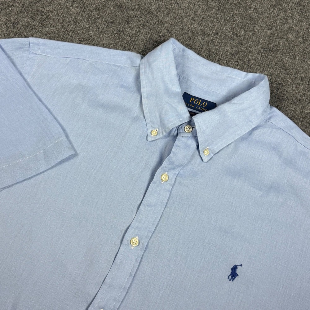 Polo Ralph Lauren Mens XXL Blue 100% Linen Short Sleeve Button Down Shirt